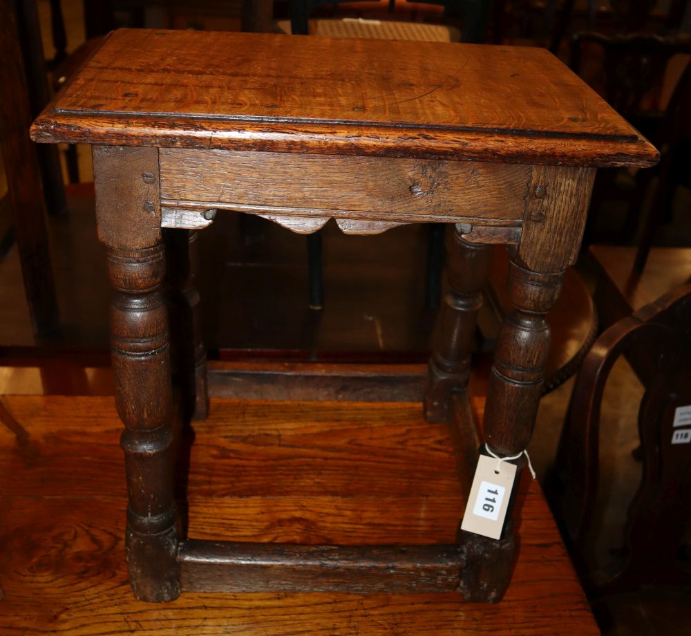 A 17th century oak joint stool, W.45cm, D.28cm, H.49cm